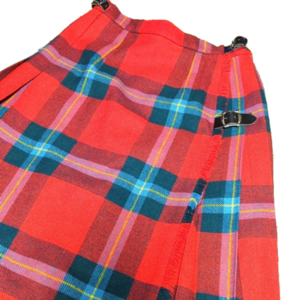 Laird-Portch | Vintage Red Plaid Scotland Buckle Pleated Wrap Fringe Kilt  23”